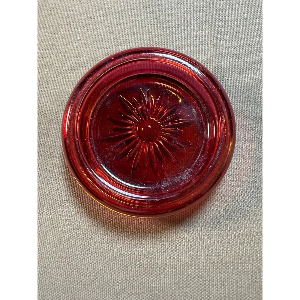 Vintage Red Glass Coaster with Starburst Pattern Retro Barware Drinkware